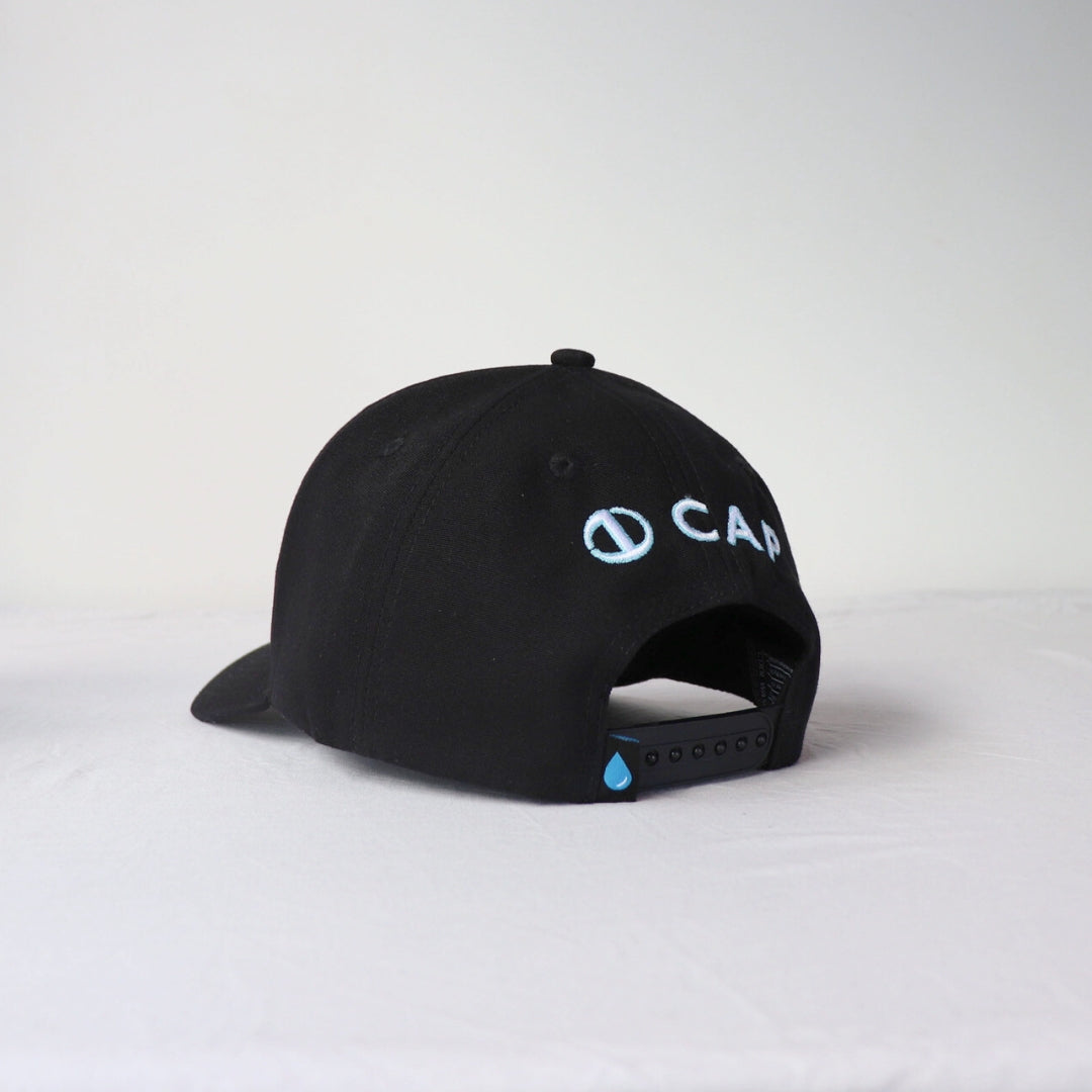 gym cap black with white and blue logo